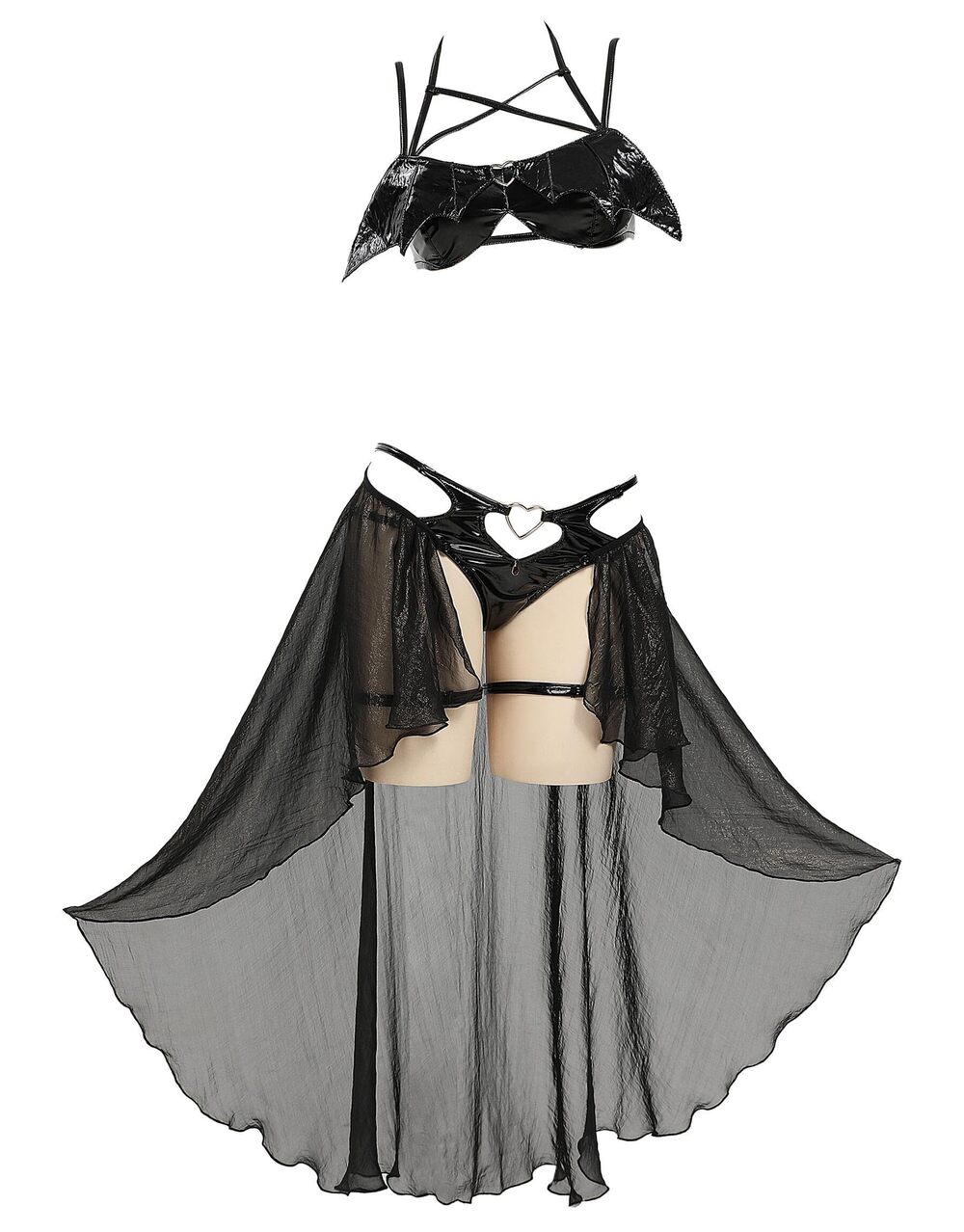 1762 MEOWCOS Black Set PU Leather Chest Cutout Two-Piece Lingerie Set